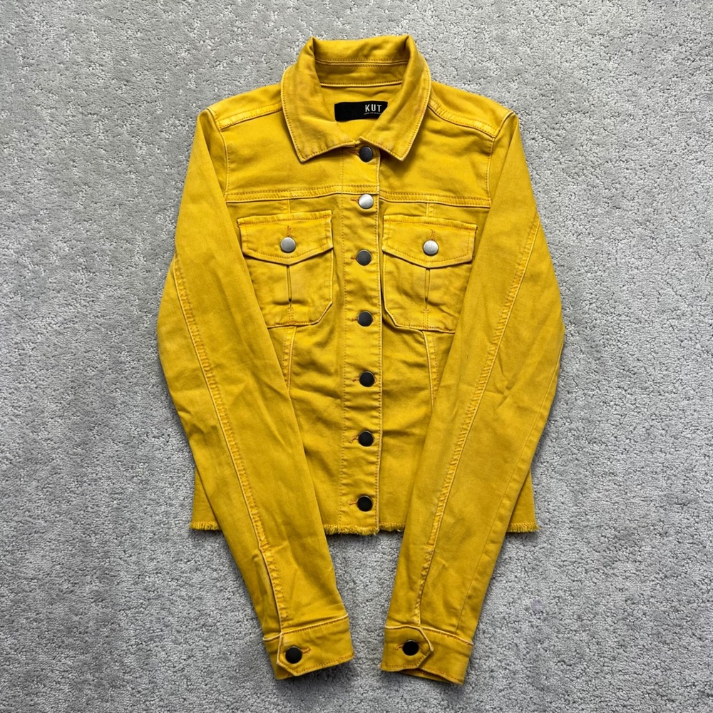 KUT from the Kloth Kara Denim Jacket Womens XS Yellow Frayed Hem Cropped